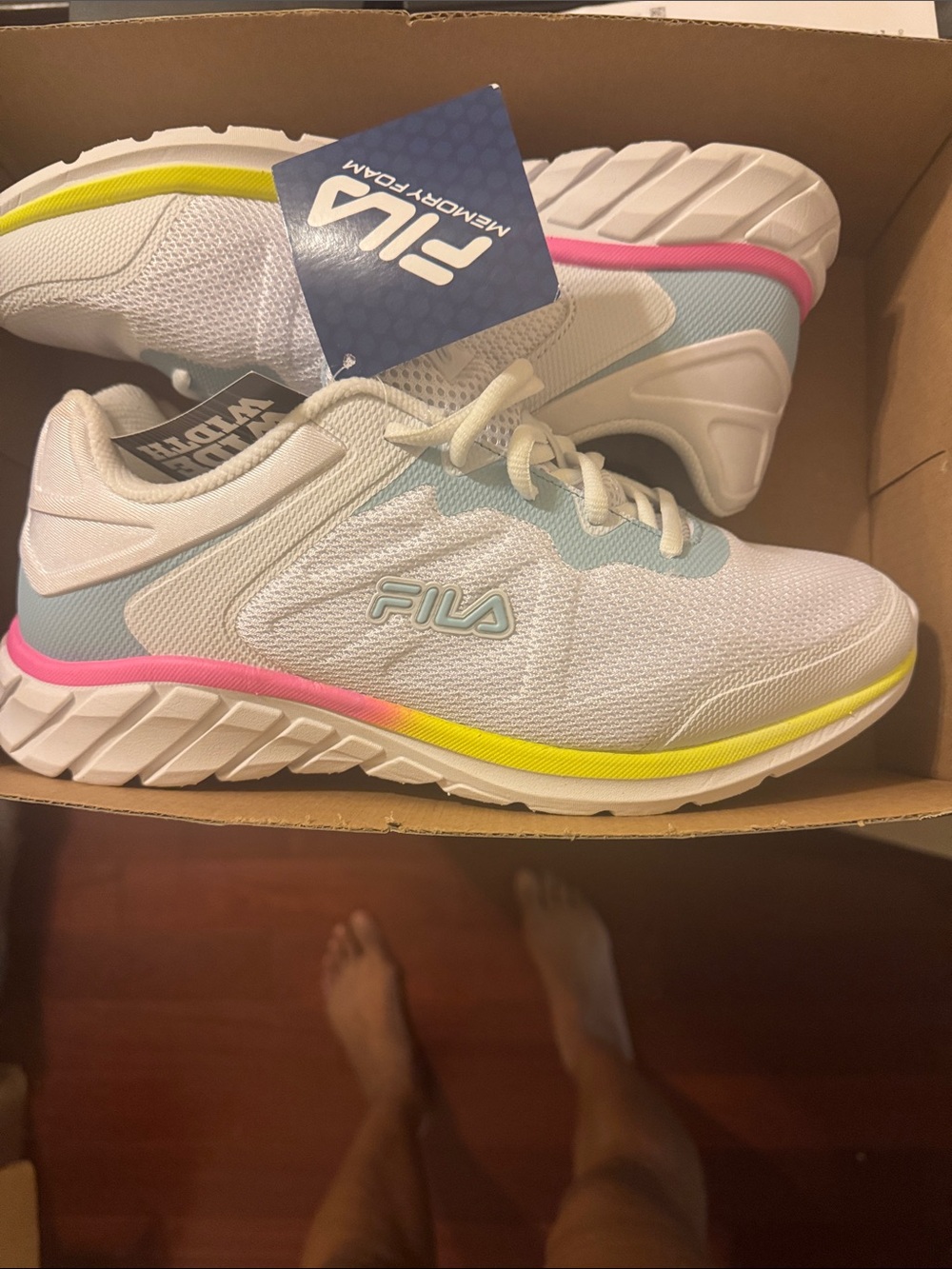 Fila White Athletic Sneakers with Pink, Yellow & Light Blue Accents. Size 9.5wid